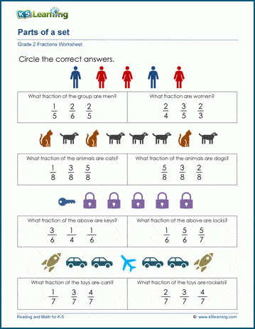 parts of a set fraction worksheets for grade 1 k5 learning