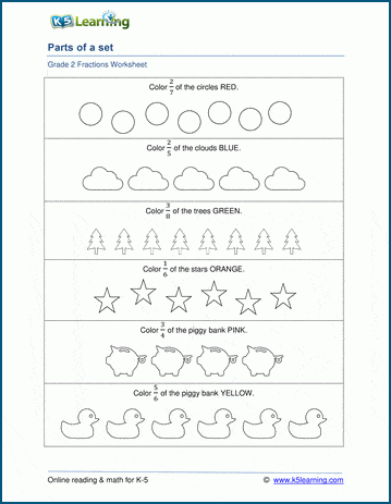 Grade 2 writing fractions for parts of a  set worksheets