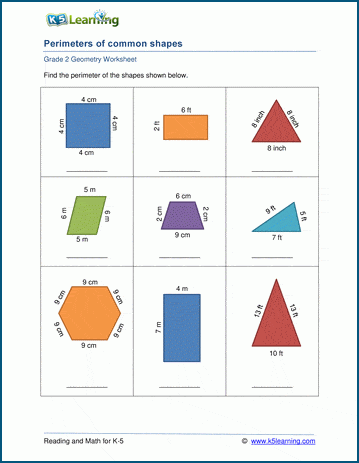Perimeters of 2D shapes worksheets