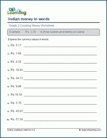 Indian money in words worksheet