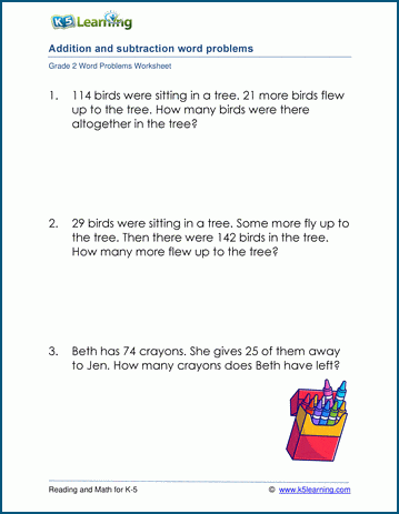 Grade 2 Word Problems Worksheets with mixed addition and subtraction questions