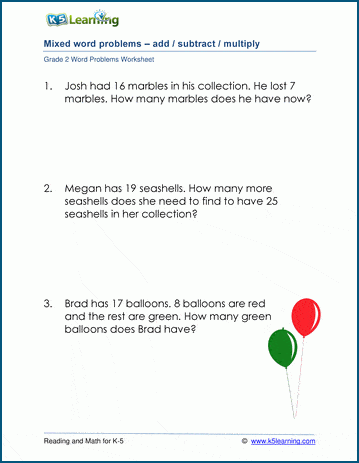 Grade 2 Mixed Add Subtract Multiply Word Problem Worksheets K5 Learning