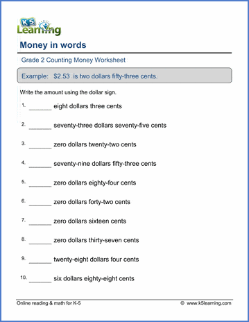 Grade 2 money Worksheet - money in words (words to numbers) | K5 Learning