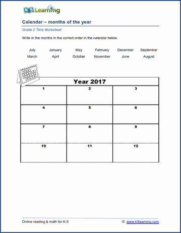 Grade 2 Calendar Worksheets Months Of The Year