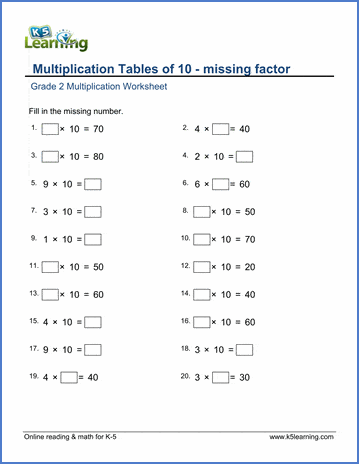 grade 2 math worksheet multiplication tables of 10 missing factor