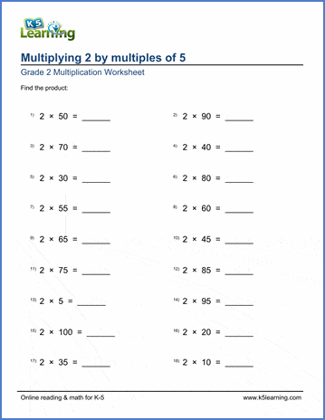Grade 2 Multiplication Worksheet on multiplying 2 by multiples of 5
