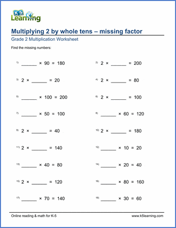 Grade 2 Multiplication Worksheet on multiplying 2 by whole tens with missing factor
