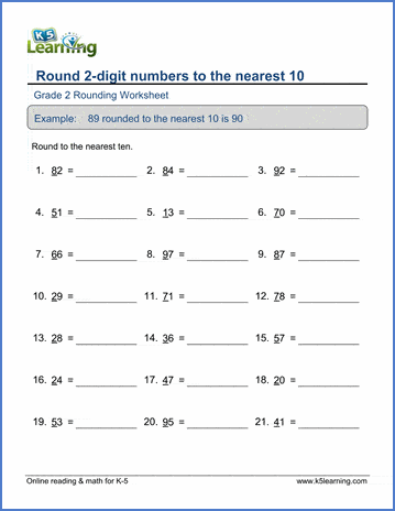 Grade 2 Place Value Worksheet on rounding 2-digit numbers to the nearest 10