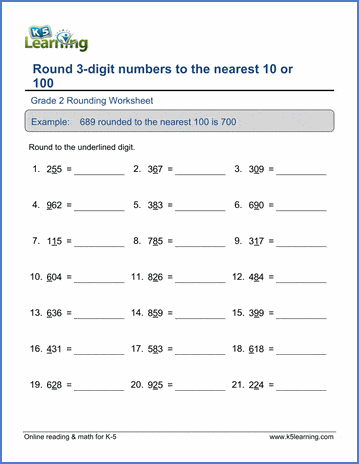 Grade 2 Place Value Worksheet on rounding 3-digit numbers to the nearest 10 or 100