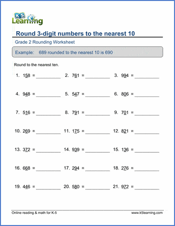 Grade 2 Place Value Worksheet on rounding 3-digit numbers to the nearest 10