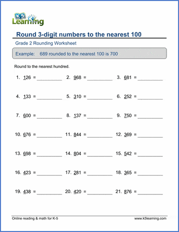 Grade 2 Place Value Worksheet on rounding 3-digit numbers to the nearest 100