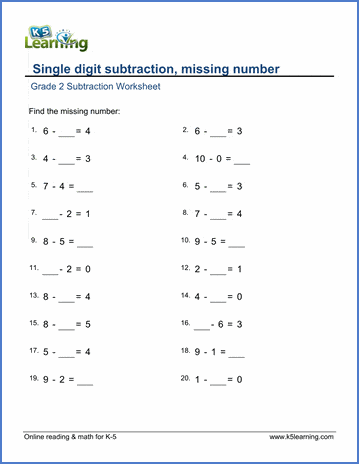 Grade 2 Subtraction Worksheet on single digit subtraction - missing number