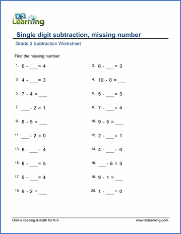 Grade 2 Math Worksheets: Single digit subtraction, missing number | K5  Learning