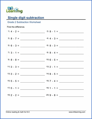 Grade 2 Subtraction Worksheet on single digit subtraction