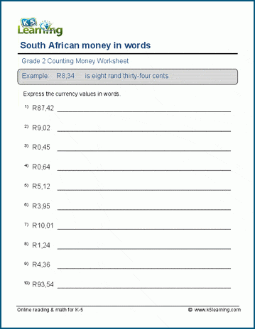 South African money in words worksheet