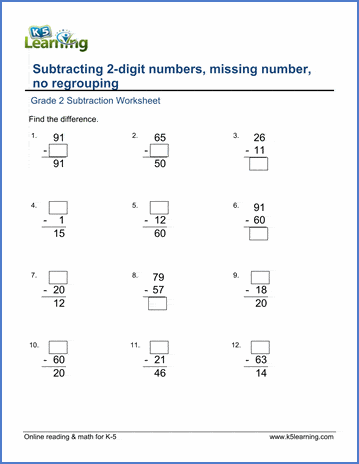 Grade 2 Subtraction Worksheet on subtracting a 2-digit number from a 2-digit number in columns, missing number