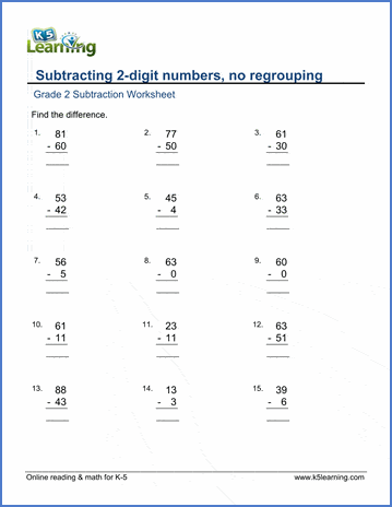 Grade 2 Subtraction Worksheet on subtract a 2-digit number from a 2-digit number in columns, no carrying