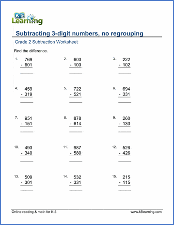 Grade 2 Math Worksheets: Subtract 3-digit numbers , no borrowing | K5  Learning
