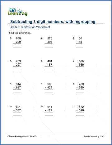 Grade 2 Subtraction Worksheet on subtracting a 3-digit number from a 3-digit number, with borrowing