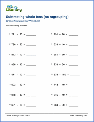 Grade 2 Subtraction Worksheet on subtracting whole tens from hundreds