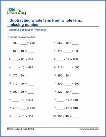 Grade 2 Subtraction Worksheet on subtracting whole tens from whole tens with missing number