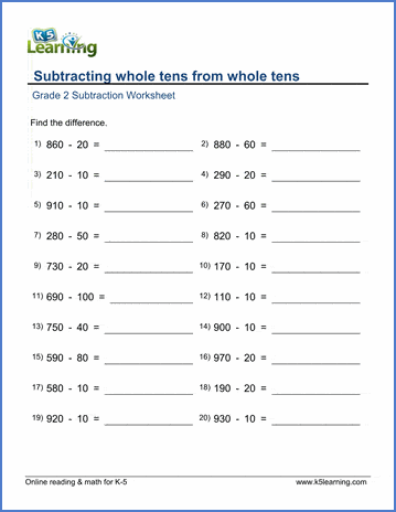 Grade 2 Subtraction Worksheet on subtracting whole tens from whole tens