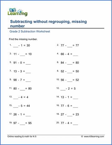 Grade 2 Subtraction Worksheet on subtracting a 1-digit number from a 2-digit number - missing number, no carrying