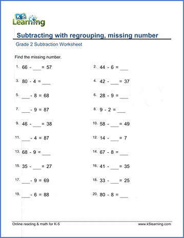 Grade 2 Subtraction Worksheet on subtracting a 1-digit number from a 2-digit number with missing number