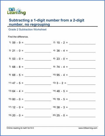 Grade 2 Subtraction Worksheet on subtracting a 1-digit number from a 2-digit number