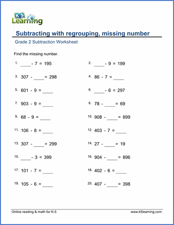 Grade 2 Subtraction Worksheet on subtracting a 1-digit number from a 3-digit number - missing number
