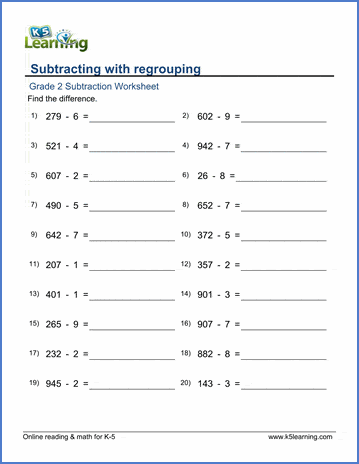 Grade 2 Subtraction Worksheet on subtracting a 1-digit number from a 3-digit number