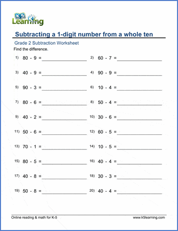 Grade 2 Subtraction Worksheet on subtracting a 1-digit number from a whole ten