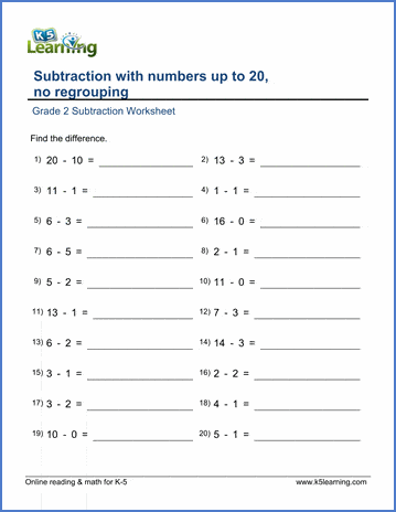 grade 2 math worksheet subtract numbers up to 20 no regrouping k5 learning