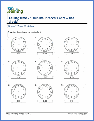 Grade 2 Telling Time Worksheets: 1 minute intervals (draw the clock) | K5  Learning