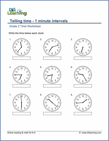 Grade 2 telling time Worksheet on telling time - 1-minute intervals