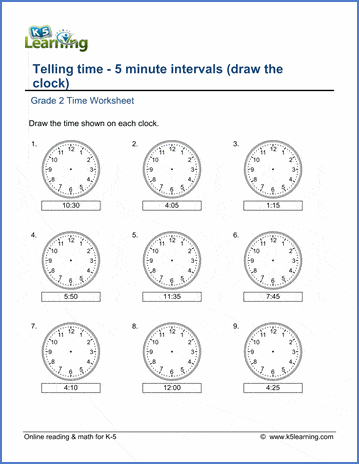 grade 2 telling time worksheets 5 minute intervals draw the clock k5 learning