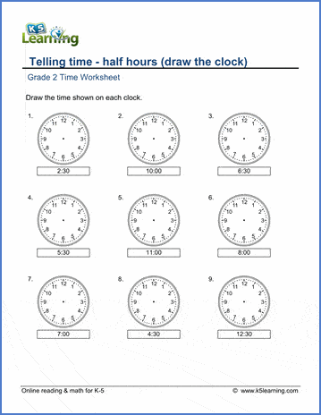 Grade 2 telling time Worksheet on telling time - half hours (draw the clock)