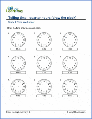 Grade 2 telling time Worksheet on telling time - quarter hours (draw the clock)