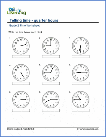 Grade 2 telling time Worksheet on telling time - quarter hours