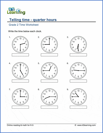 Grade 2 Telling Time Worksheets: Reading a clock - quarter hours | K5  Learning