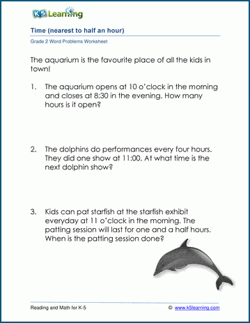 Grade 2 Word Problem Worksheet on elapsed time with 1/2 hour increments