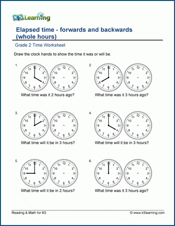 Grade 2 telling time Worksheet on elapsed time forward / backwards - whole hours