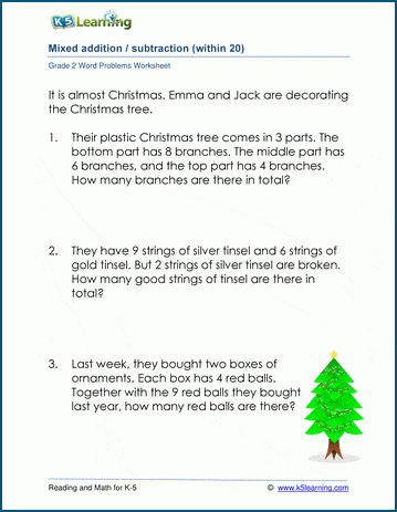 Grade 2 Mixed add and subtract word problems worksheet