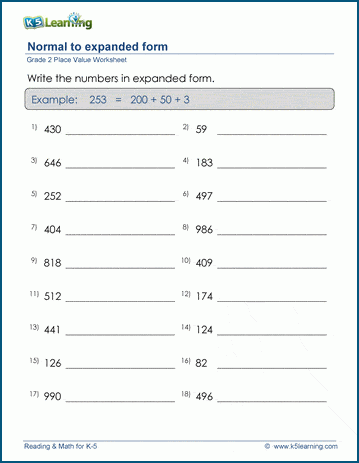 grade 2 place value worksheets write numbers in expanded