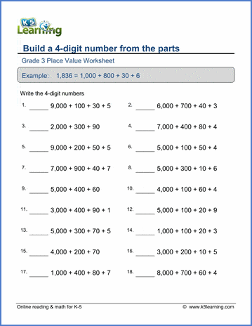 Grade 3 Place value Worksheet build a 4-digit number from the parts