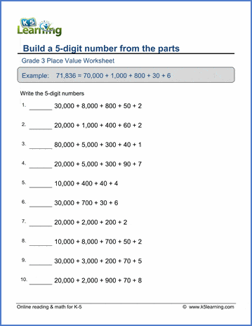 Grade 3 Place value Worksheet build a 5-digit number from the parts