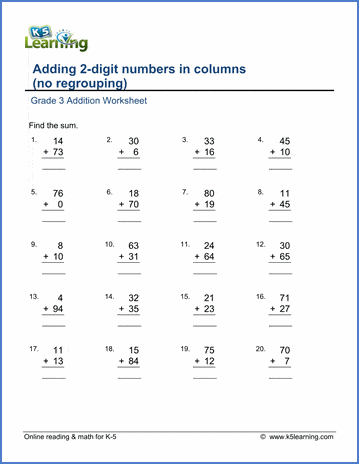 Grade 3 Addition Worksheet adding 2-digit numbers in columns (no regrouping)