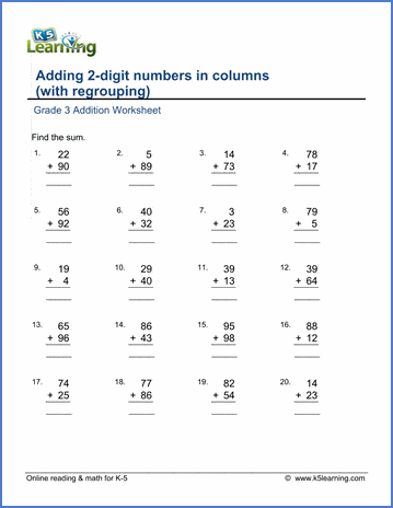 Grade 3 Addition Worksheet adding 2-digit numbers in columns (with regrouping)