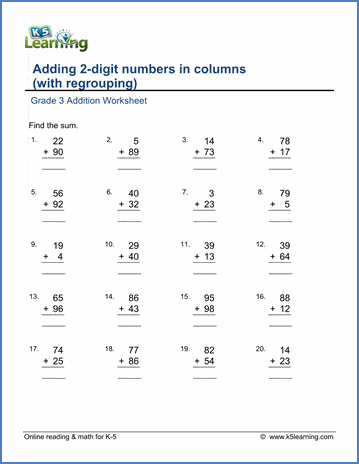 Addition worksheets: Add 2-digit numbers in columns (with regrouping) | K5  Learning