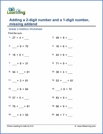 Grade 3 Addition Worksheet adding a 2-digit number and a 1-digit number with missing addend
